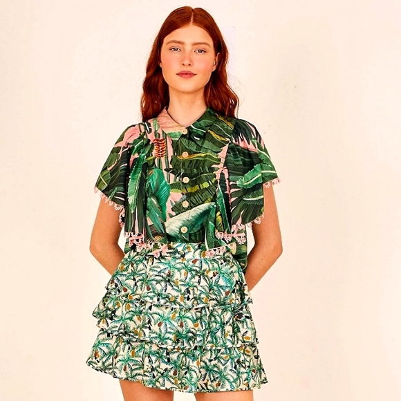NWT$150 Farm Rio Amazonia Forest Cotton Frilled Shirt Top Sz XS - Picture 15 of 15